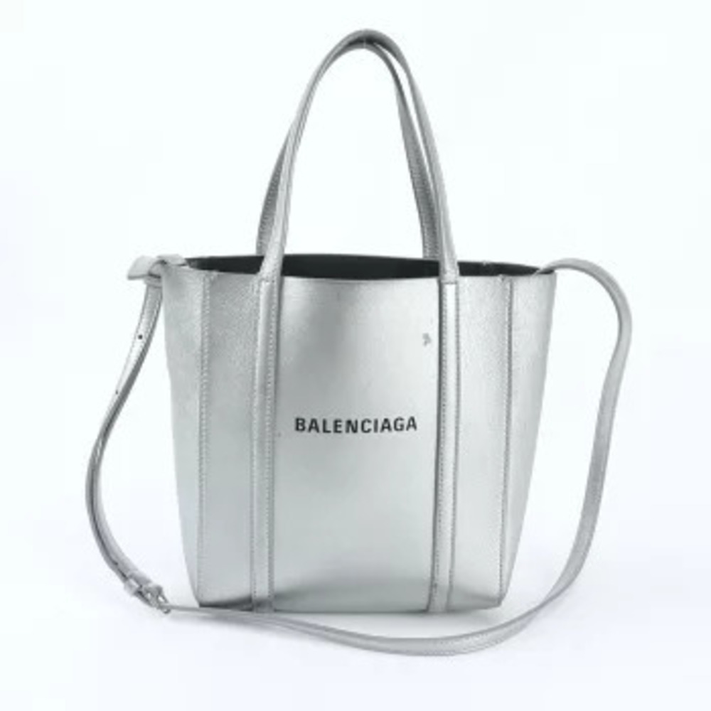 Balenciaga Tote Leather Shoulder Bag Crossbody Handbag Silver